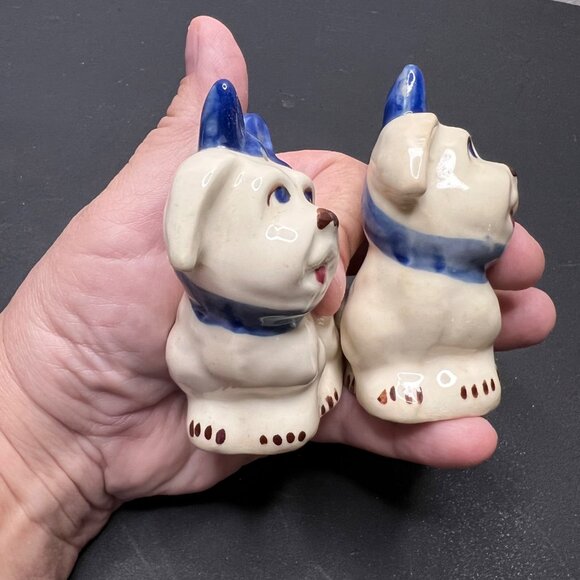 Vintage Ceramic Dog Salt & Pepper Shakers With Blue Bow Design Table Decor Retro - Picture 9 of 15